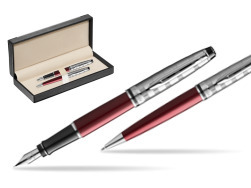 Waterman Expert DeLuxe Dark Red CT Fountain Pen + Waterman Expert DeLuxe Dark Red CT Ballpoint Pen in gift box  in classic box  black