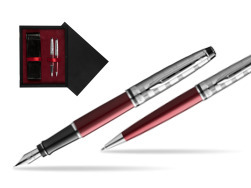 Waterman Expert DeLuxe Dark Red CT Fountain Pen + Waterman Expert DeLuxe Dark Red CT Ballpoint Pen in gift box  double wooden box Black Double Maroon