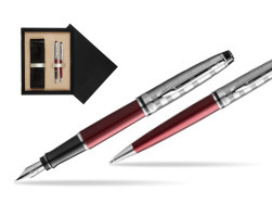 Waterman Expert DeLuxe Dark Red CT Fountain Pen + Waterman Expert DeLuxe Dark Red CT Ballpoint Pen in gift box  double wooden box Black Double Ecru