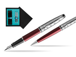 Waterman Expert DeLuxe Dark Red CT Fountain Pen + Waterman Expert DeLuxe Dark Red CT Ballpoint Pen in gift box  double wooden box Black Double Turquoise