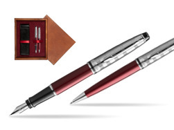Waterman Expert DeLuxe Dark Red CT Fountain Pen + Waterman Expert DeLuxe Dark Red CT Ballpoint Pen in gift box in double wooden box Mahogany Double Maroon