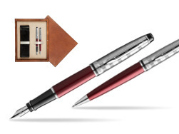 Waterman Expert DeLuxe Dark Red CT Fountain Pen + Waterman Expert DeLuxe Dark Red CT Ballpoint Pen in gift box in double wooden box Mahogany Double Ecru