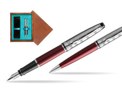 Waterman Expert DeLuxe Dark Red CT Fountain Pen + Waterman Expert DeLuxe Dark Red CT Ballpoint Pen in gift box in double wooden box Mahogany Double Turquoise 