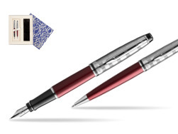 Waterman Expert DeLuxe Dark Red CT Fountain Pen + Waterman Expert DeLuxe Dark Red CT Ballpoint Pen in gift box in Universal Gift Box Crystal Blue