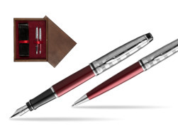 Waterman Expert DeLuxe Dark Red CT Fountain Pen + Waterman Expert DeLuxe Dark Red CT Ballpoint Pen in gift box in double wooden box Wenge Double Maroon