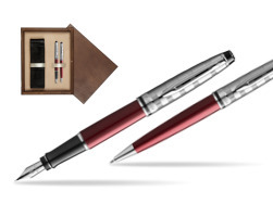 Waterman Expert DeLuxe Dark Red CT Fountain Pen + Waterman Expert DeLuxe Dark Red CT Ballpoint Pen in gift box in double wooden box Wenge Double Ecru