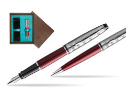 Waterman Expert DeLuxe Dark Red CT Fountain Pen + Waterman Expert DeLuxe Dark Red CT Ballpoint Pen in gift box in double wooden box Wenge Double Turquoise 