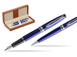 Waterman Expert Navy Blue CT Fountain Pen + Waterman Expert Navy Blue Ballpoint Pen in gift box  in classic box brown