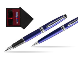 Waterman Expert Navy Blue CT Fountain Pen + Waterman Expert Navy Blue Ballpoint Pen in gift box  double wooden box Black Double Maroon