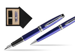 Waterman Expert Navy Blue CT Fountain Pen + Waterman Expert Navy Blue Ballpoint Pen in gift box  double wooden box Black Double Ecru