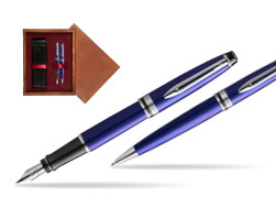 Waterman Expert Navy Blue CT Fountain Pen + Waterman Expert Navy Blue Ballpoint Pen in gift box in double wooden box Mahogany Double Maroon