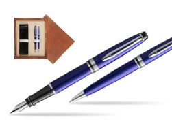 Waterman Expert Navy Blue CT Fountain Pen + Waterman Expert Navy Blue Ballpoint Pen in gift box in double wooden box Mahogany Double Ecru