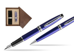 Waterman Expert Navy Blue CT Fountain Pen + Waterman Expert Navy Blue Ballpoint Pen in gift box in double wooden box Wenge Double Ecru