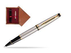 Waterman Expert Stainless Steel GT Rollerball pen in single wooden box Mahogany Single Maroon