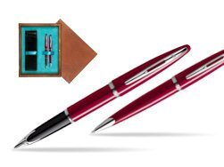 Waterman Carène Glossy Red CT Fountain pen + Waterman Carène Glossy Red CT Ballpoint Pen in double wooden box Mahogany Double Turquoise 