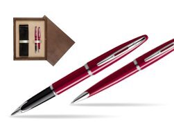 Waterman Carène Glossy Red CT Fountain pen + Waterman Carène Glossy Red CT Ballpoint Pen in double wooden box Wenge Double Ecru