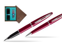 Waterman Carène Glossy Red CT Fountain pen + Waterman Carène Glossy Red CT Ballpoint Pen in double wooden box Wenge Double Turquoise 