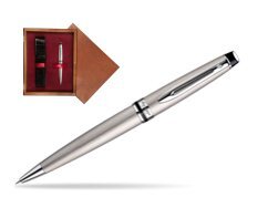 Waterman Expert Stainless Steel CT Ballpoint pen in single wooden box Mahogany Single Maroon