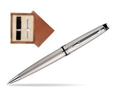 Waterman Expert Stainless Steel CT Ballpoint pen in single wooden box  Mahogany Single Ecru