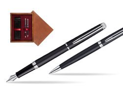 Waterman Hémisphère Matt Black CT Fountain pen + Waterman Hémisphère Matt Black CT Ballpoint Pen in double wooden box Mahogany Double Maroon