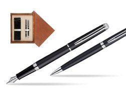 Waterman Hémisphère Matt Black CT Fountain pen + Waterman Hémisphère Matt Black CT Ballpoint Pen in double wooden box Mahogany Double Ecru