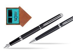 Waterman Hémisphère Matt Black CT Fountain pen + Waterman Hémisphère Matt Black CT Ballpoint Pen in double wooden box Mahogany Double Turquoise 