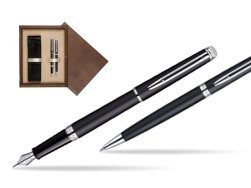 Waterman Hémisphère Matt Black CT Fountain pen + Waterman Hémisphère Matt Black CT Ballpoint Pen in double wooden box Wenge Double Ecru